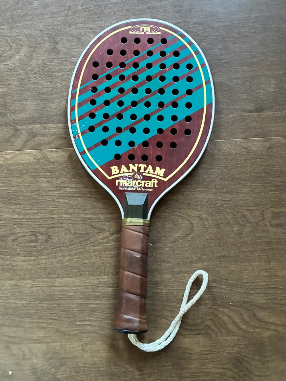 Vintage Bantam By Marcraft Paddleball Paddle Wood Aluminum Leather Handle Blue